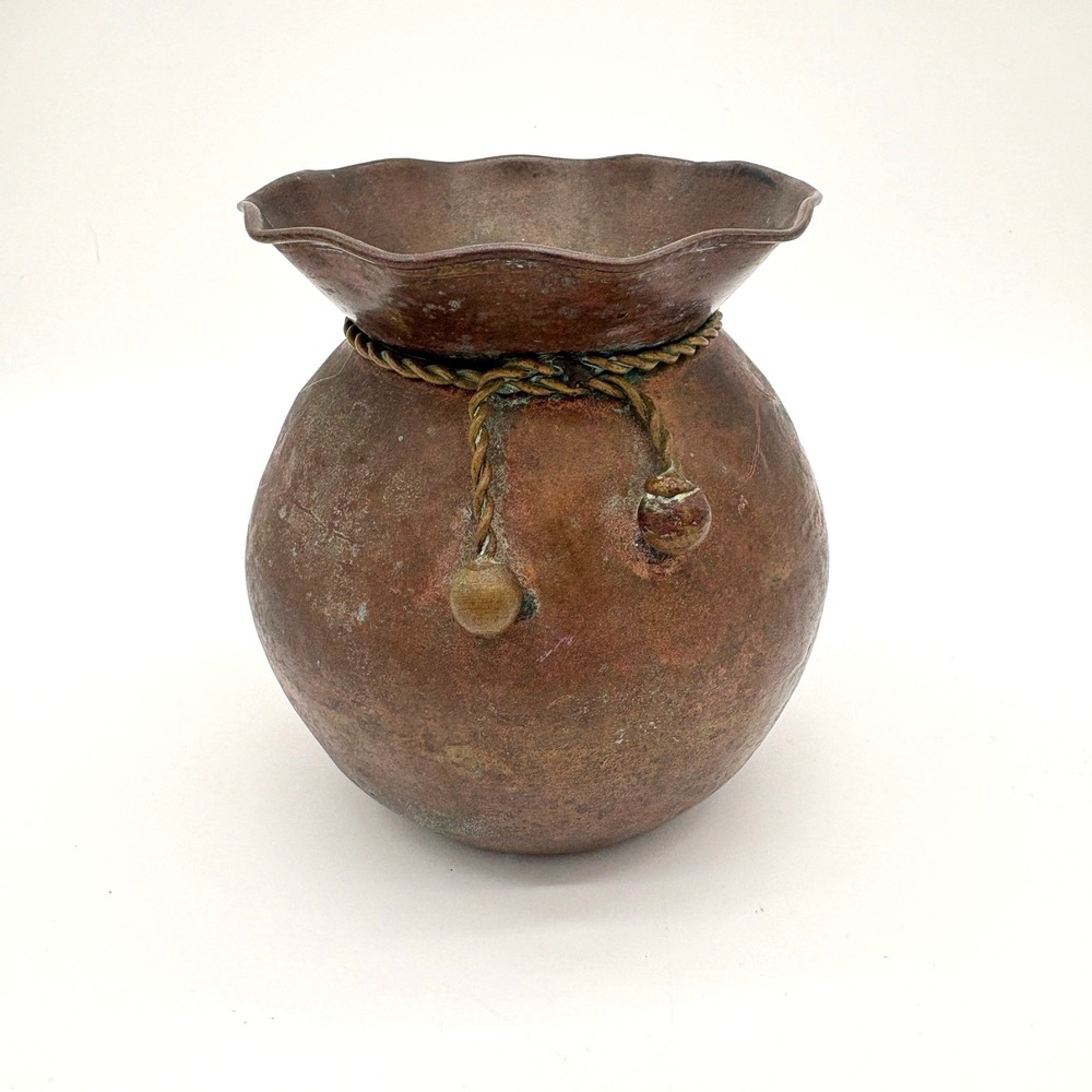 Vintage Rustic Brass Ruffled Pot Verdigris Patina Industrial Wabi Sabi Decor